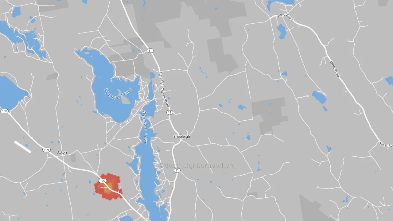 Walk Grade map of 04076, ME, walkable areas in green and car-dependent areas in red