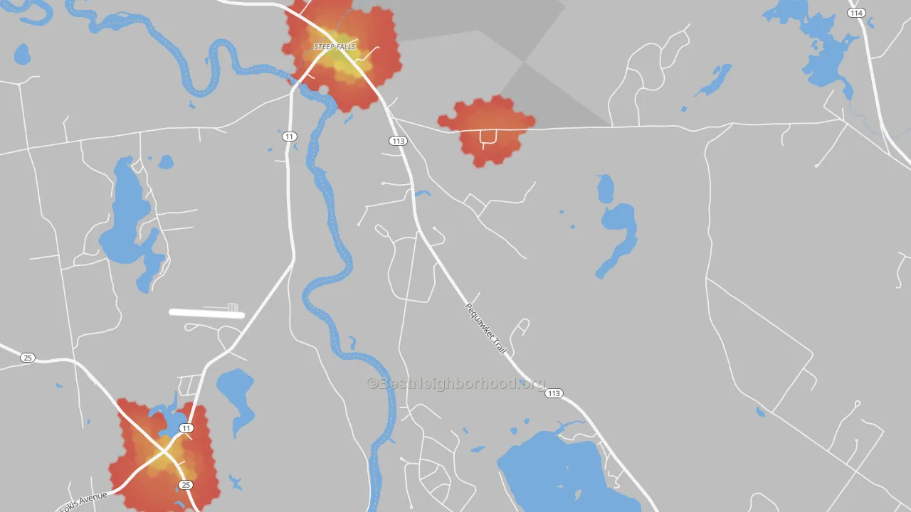 Walk Grade map of 04085, ME, walkable areas in green and car-dependent areas in red