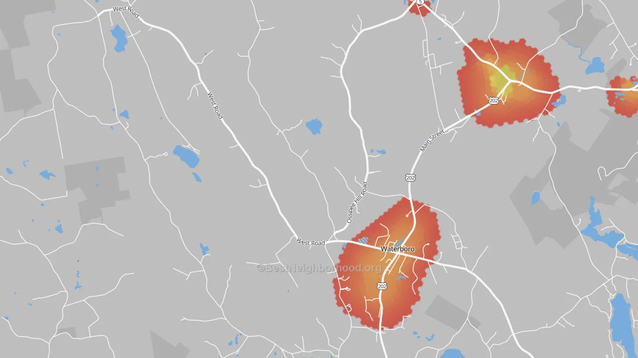 Walk Grade map of 04087, ME, walkable areas in green and car-dependent areas in red