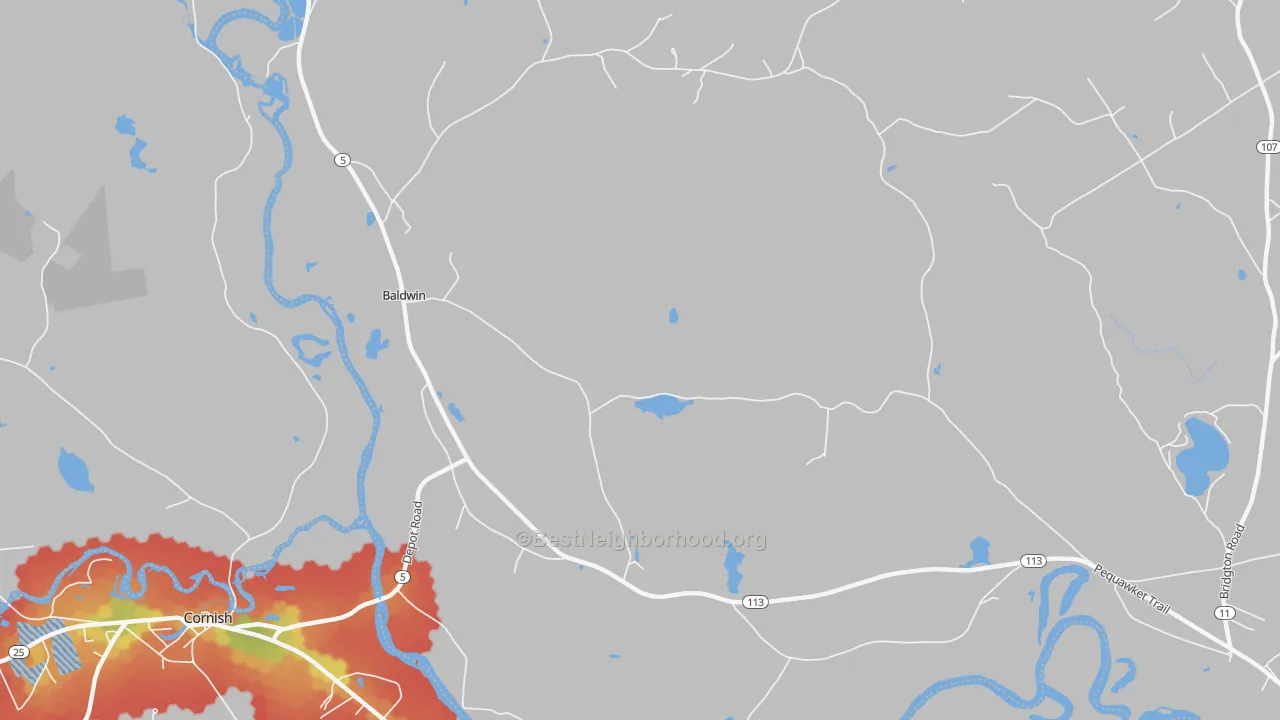 Walk Grade map of 04091, ME, walkable areas in green and car-dependent areas in red