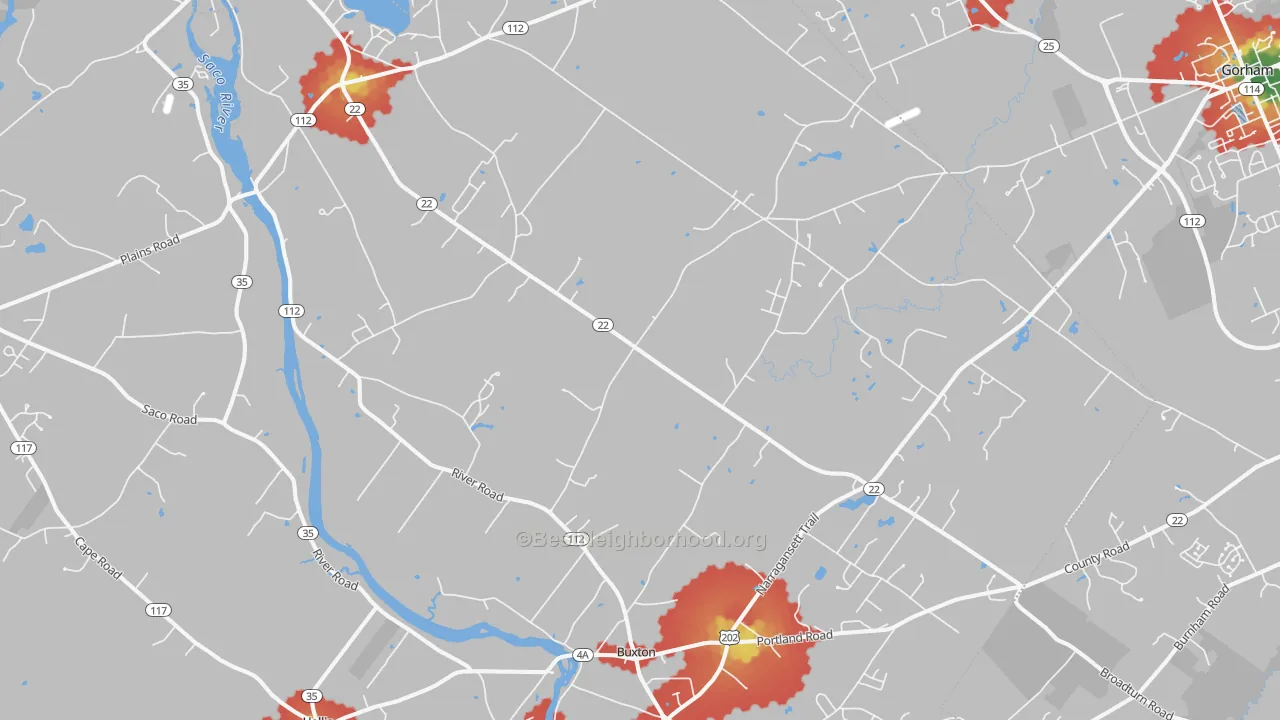 Walk Grade map of 04093, ME, walkable areas in green and car-dependent areas in red