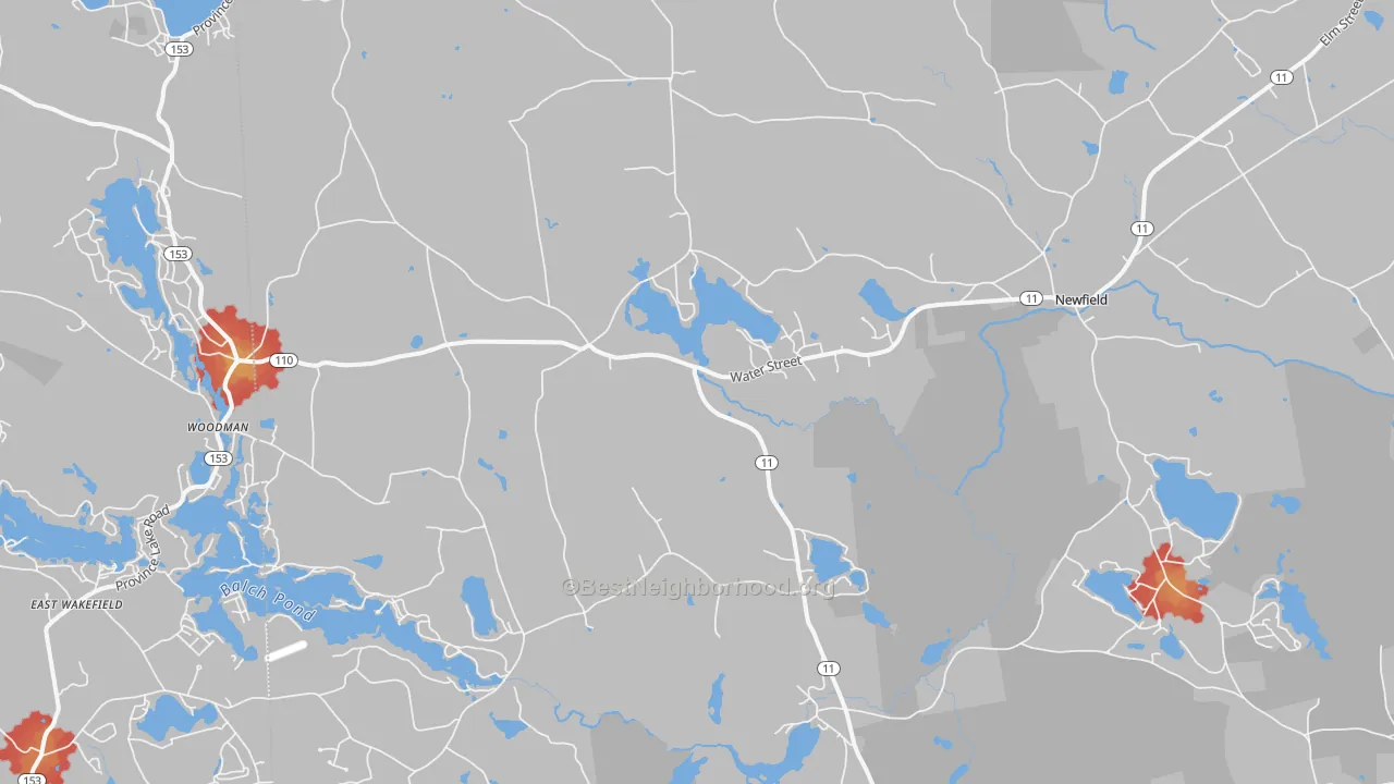 Walk Grade map of 04095, ME, walkable areas in green and car-dependent areas in red
