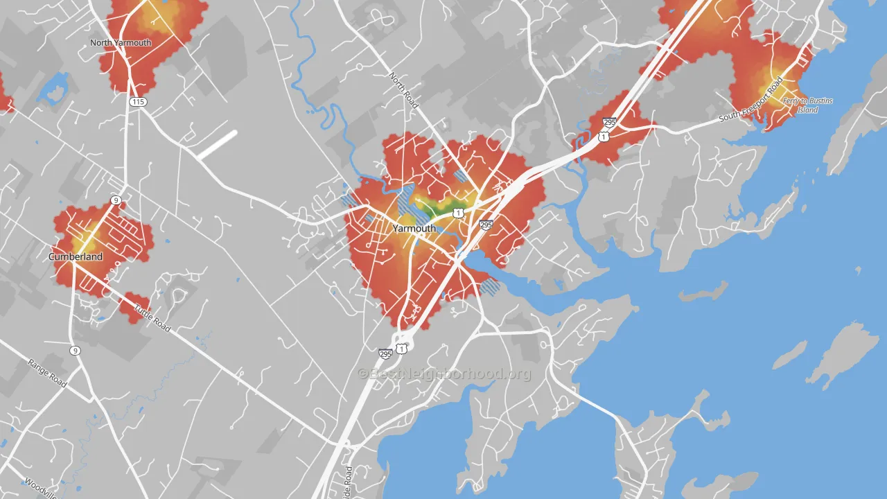 Walk Grade map of 04096, ME, walkable areas in green and car-dependent areas in red