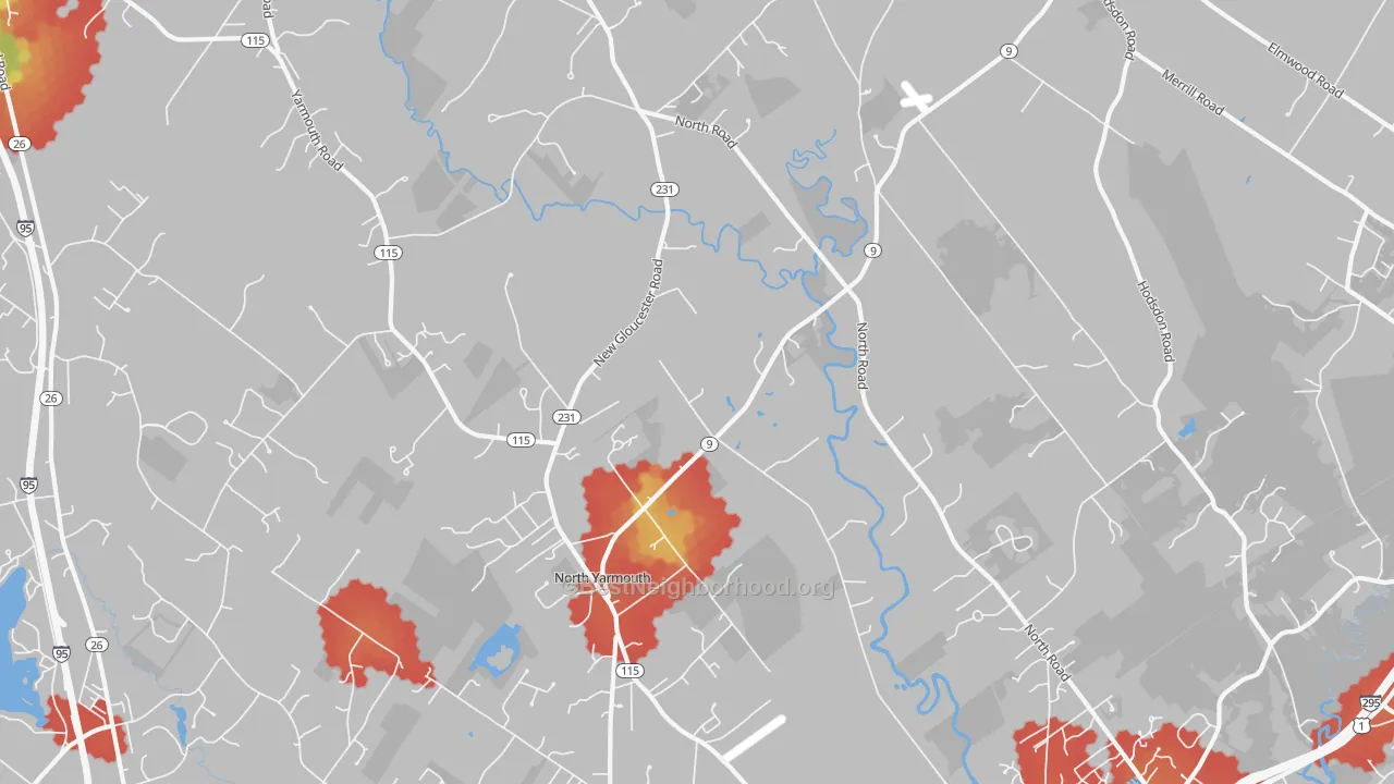 Walk Grade map of 04097, ME, walkable areas in green and car-dependent areas in red