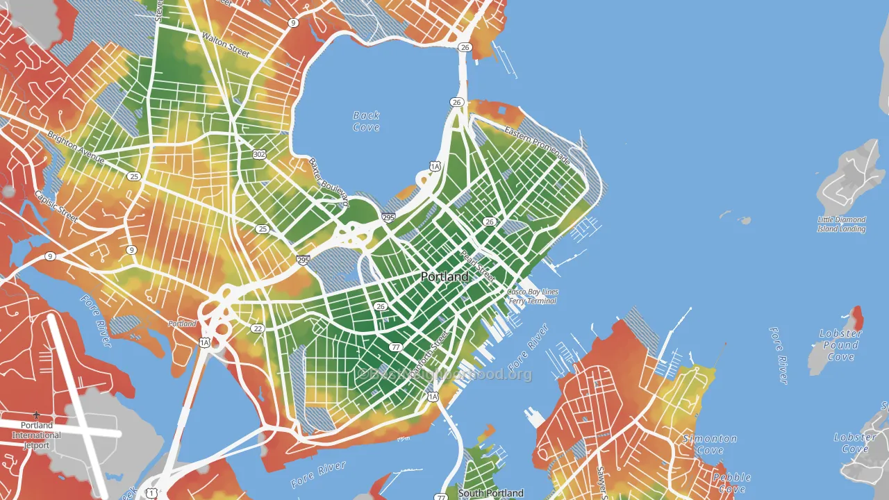 Walk Grade map of 04101, ME, walkable areas in green and car-dependent areas in red