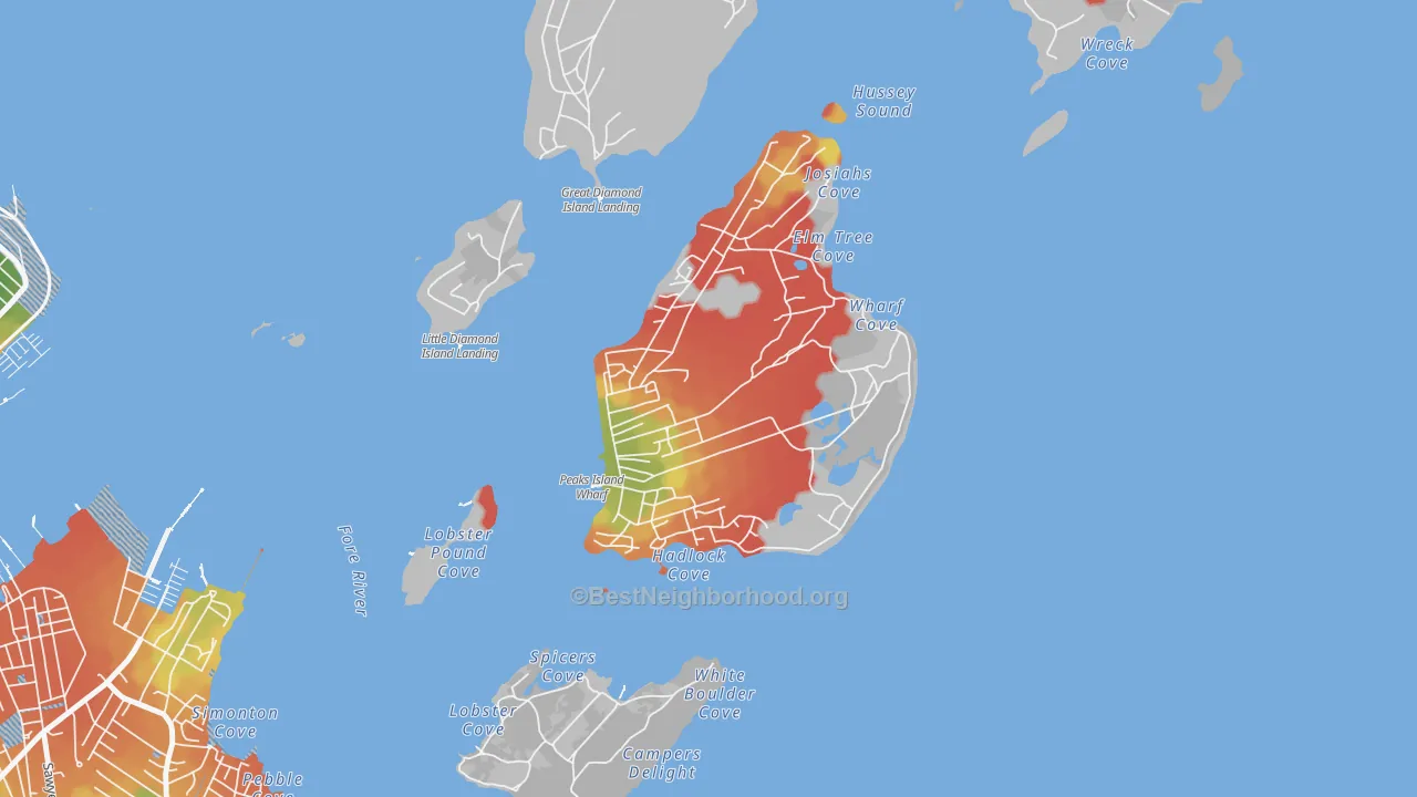 Walk Grade map of 04108, ME, walkable areas in green and car-dependent areas in red