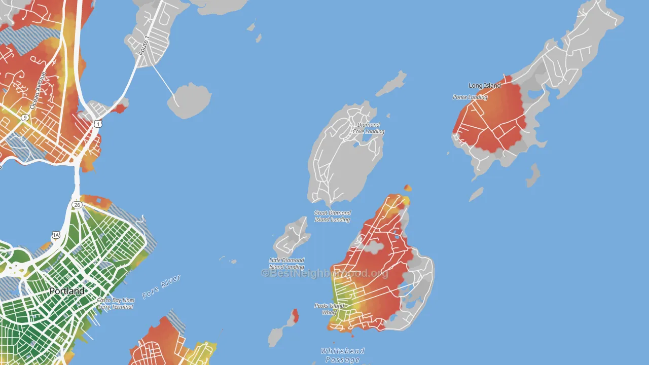 Walk Grade map of 04109, ME, walkable areas in green and car-dependent areas in red