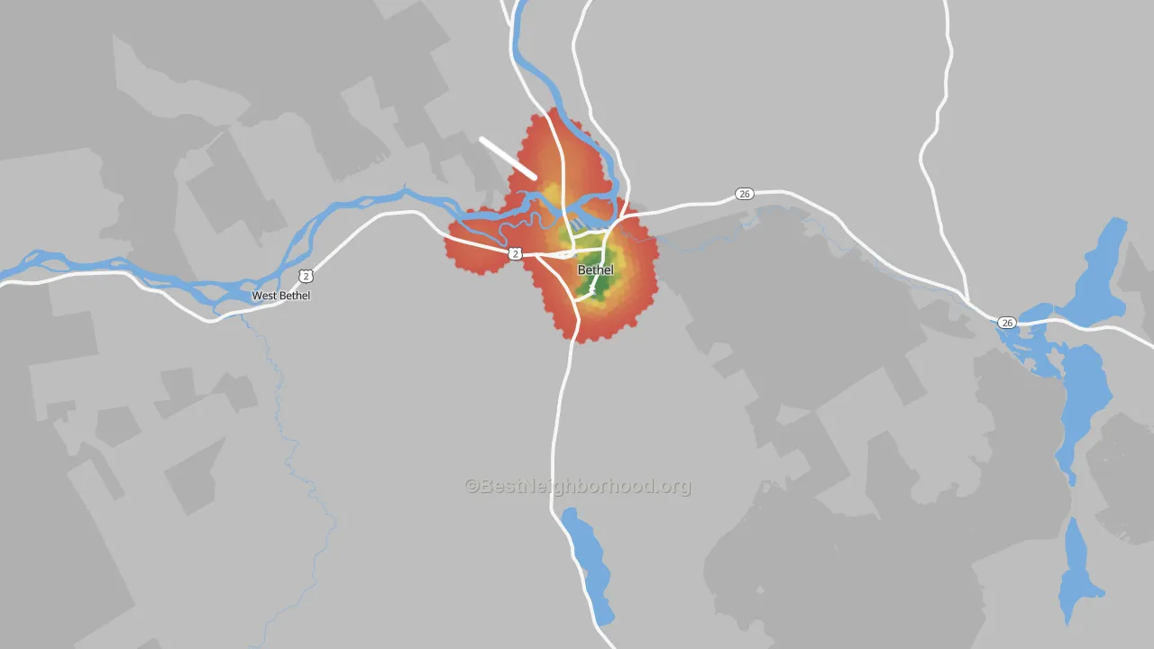 Walk Grade map of 04217, ME, walkable areas in green and car-dependent areas in red