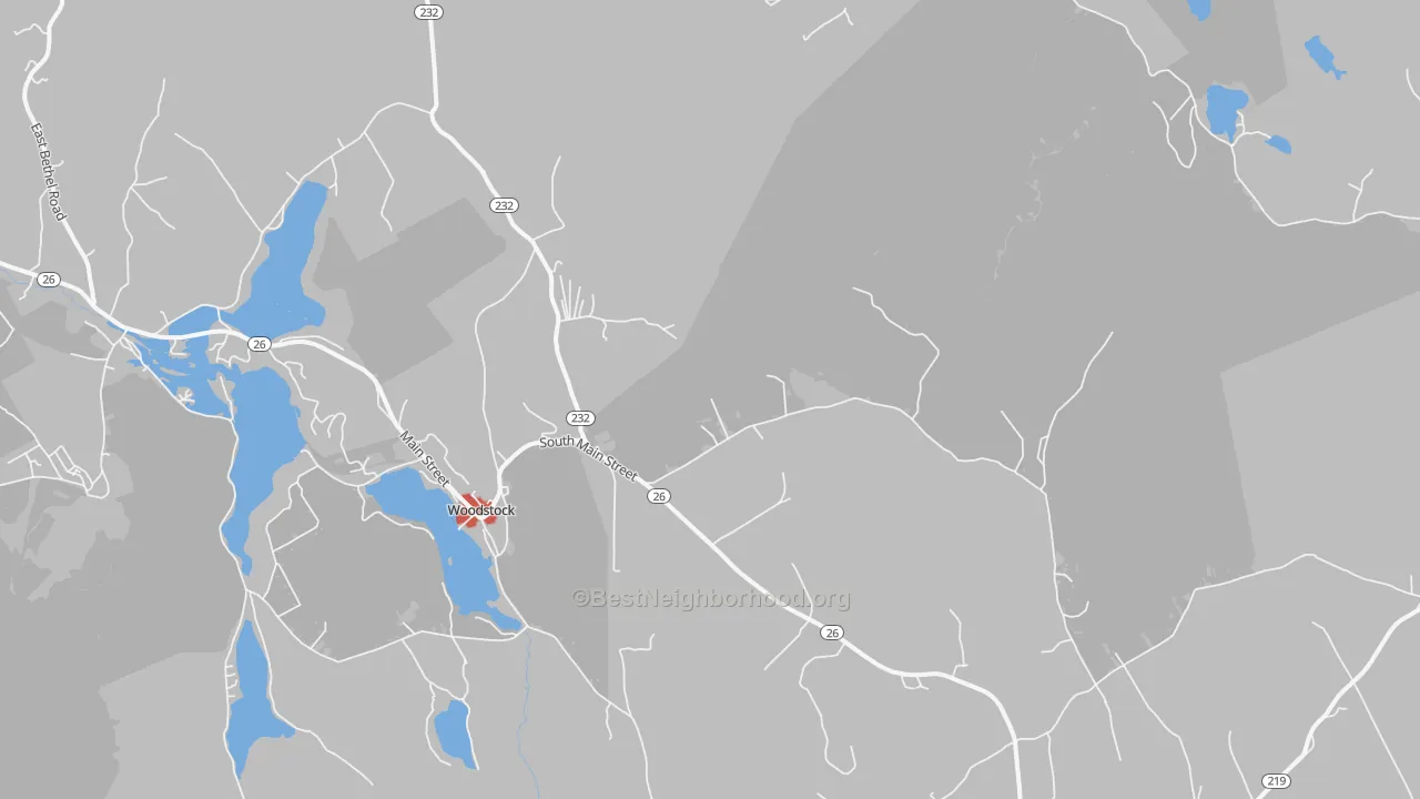 Walk Grade map of 04219, ME, walkable areas in green and car-dependent areas in red
