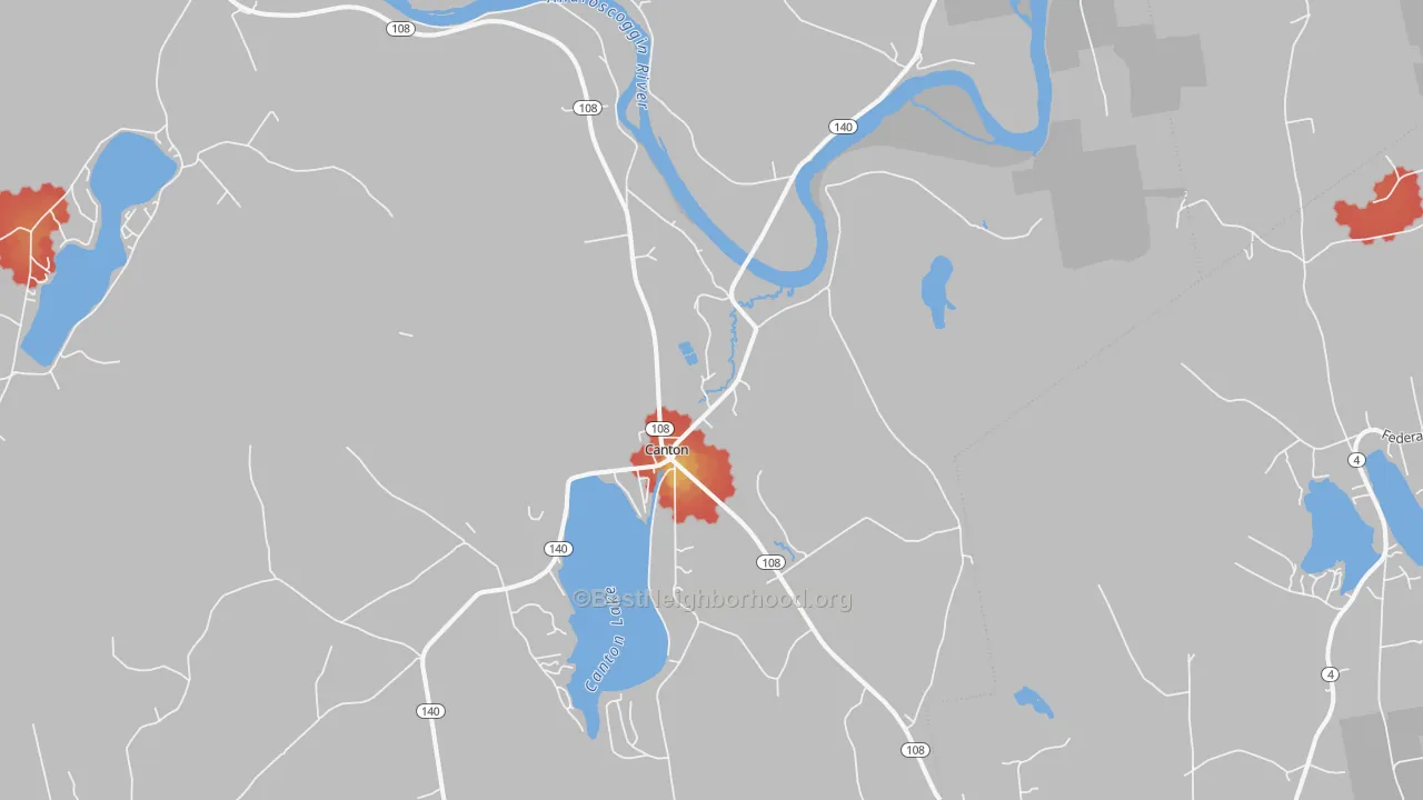 Walk Grade map of 04221, ME, walkable areas in green and car-dependent areas in red
