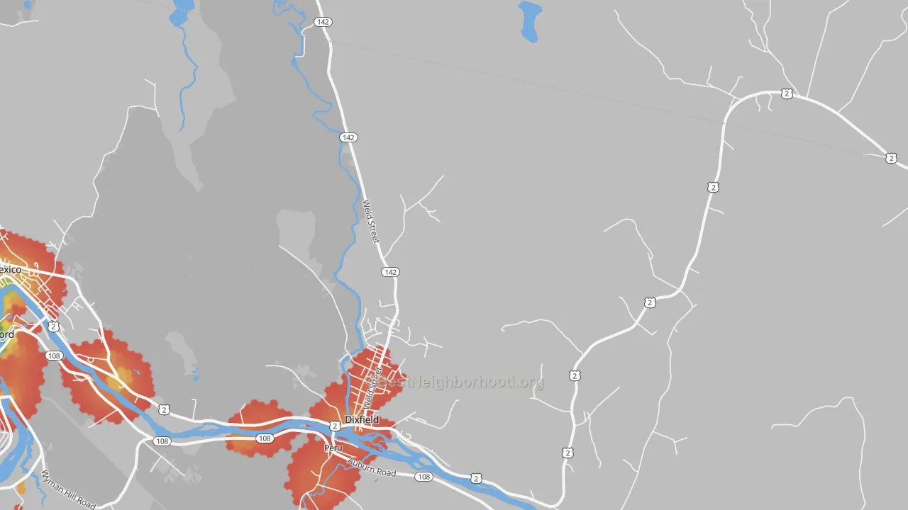 Walk Grade map of 04224, ME, walkable areas in green and car-dependent areas in red