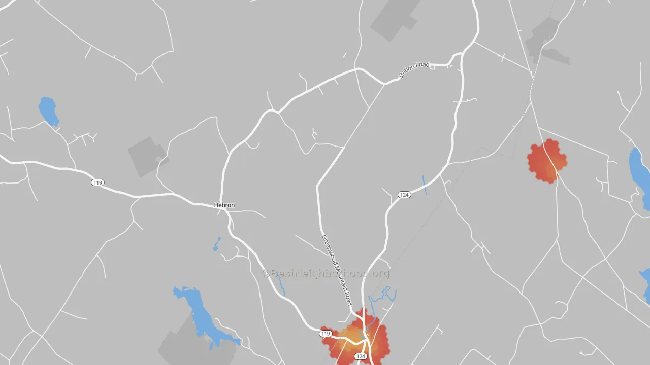 Walk Grade map of 04238, ME, walkable areas in green and car-dependent areas in red