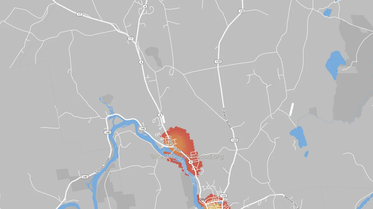 Walk Grade map of 04239, ME, walkable areas in green and car-dependent areas in red