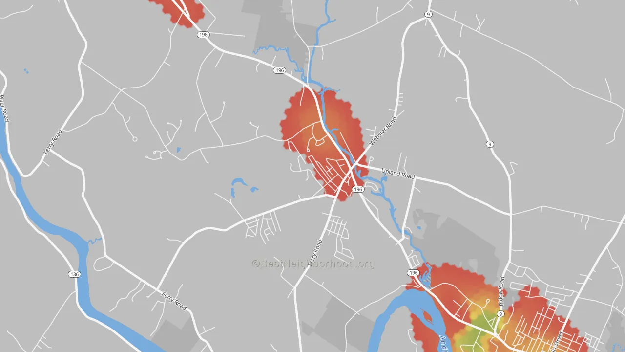 Walk Grade map of 04250, ME, walkable areas in green and car-dependent areas in red