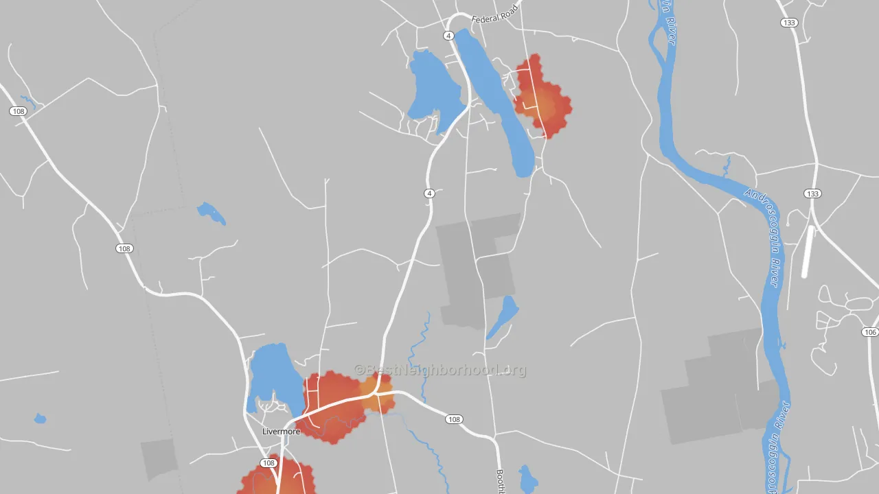 Walk Grade map of 04253, ME, walkable areas in green and car-dependent areas in red