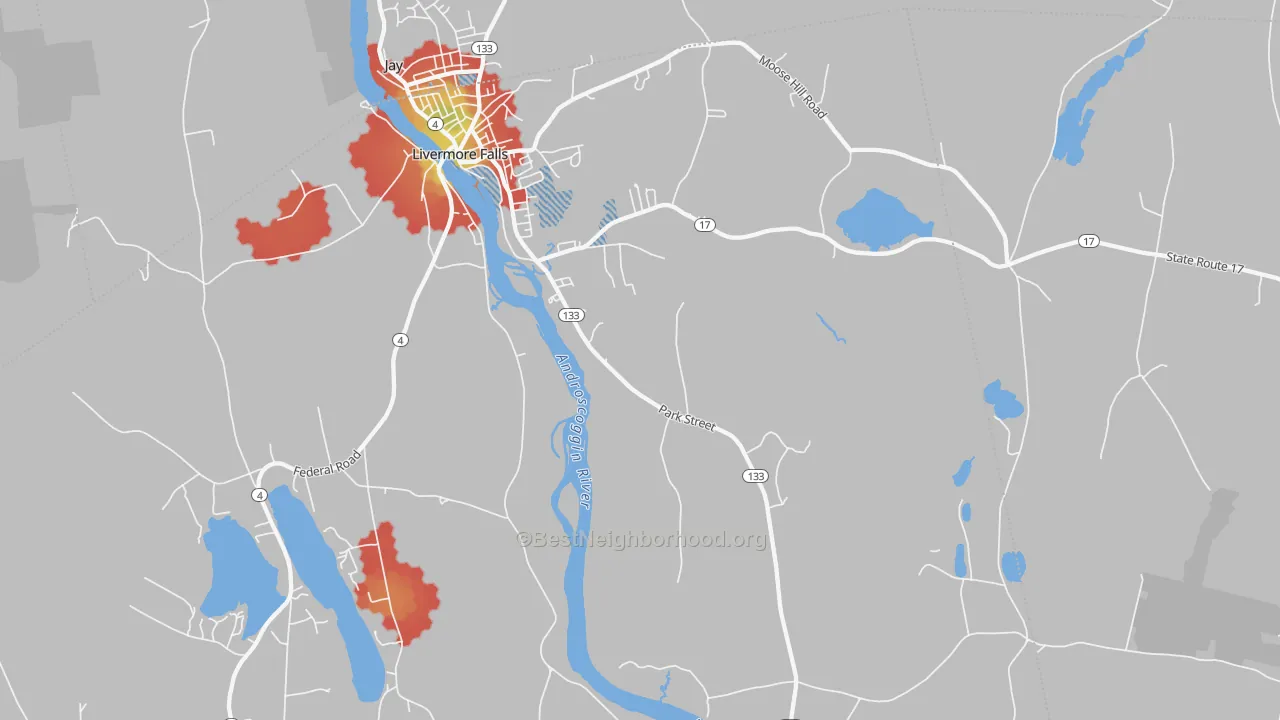 Walk Grade map of 04254, ME, walkable areas in green and car-dependent areas in red