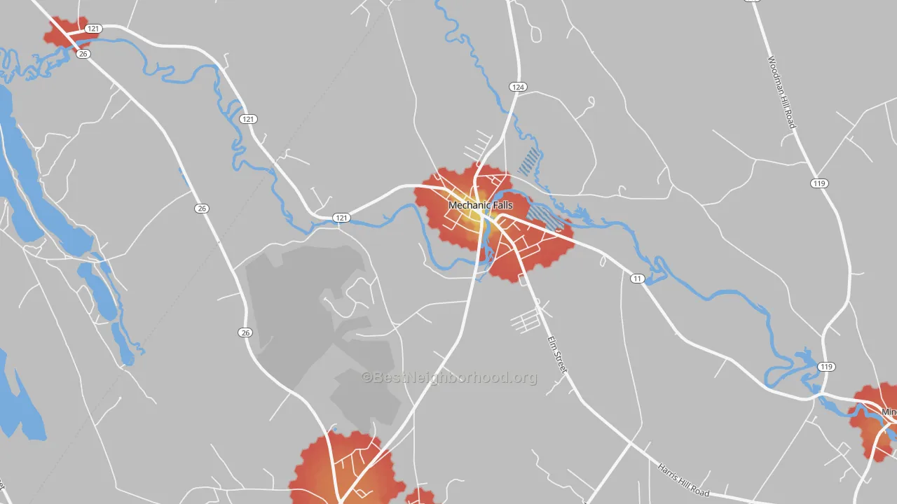 Walk Grade map of 04256, ME, walkable areas in green and car-dependent areas in red