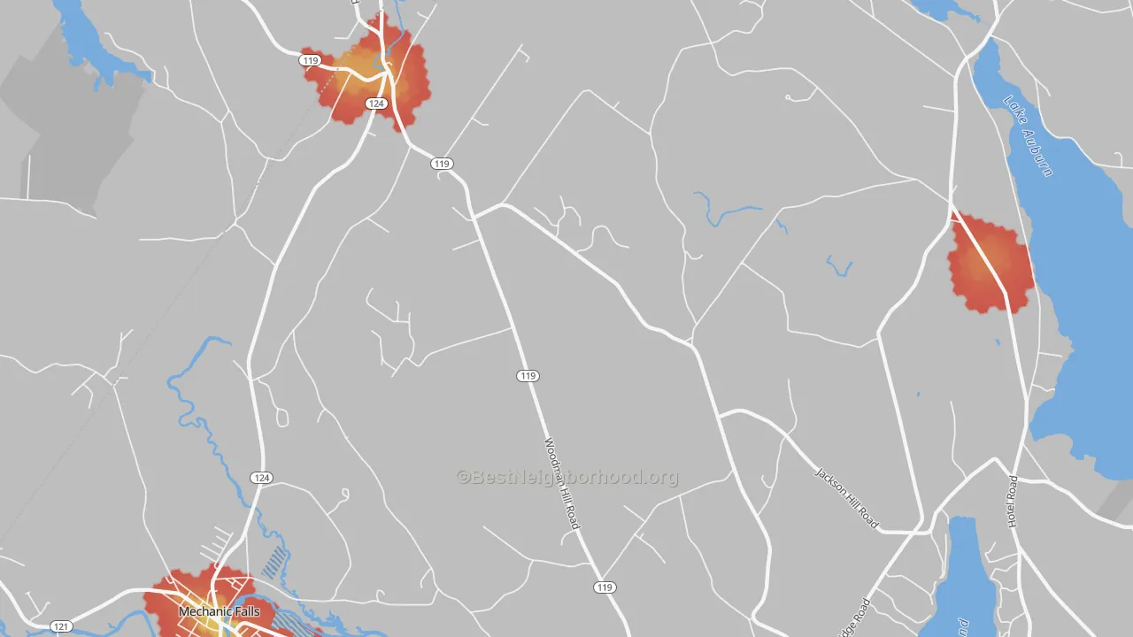 Walk Grade map of 04258, ME, walkable areas in green and car-dependent areas in red