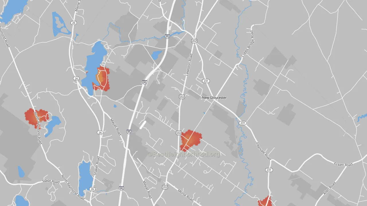 Walk Grade map of 04260, ME, walkable areas in green and car-dependent areas in red