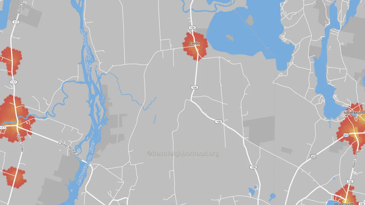 Walk Grade map of 04263, ME, walkable areas in green and car-dependent areas in red