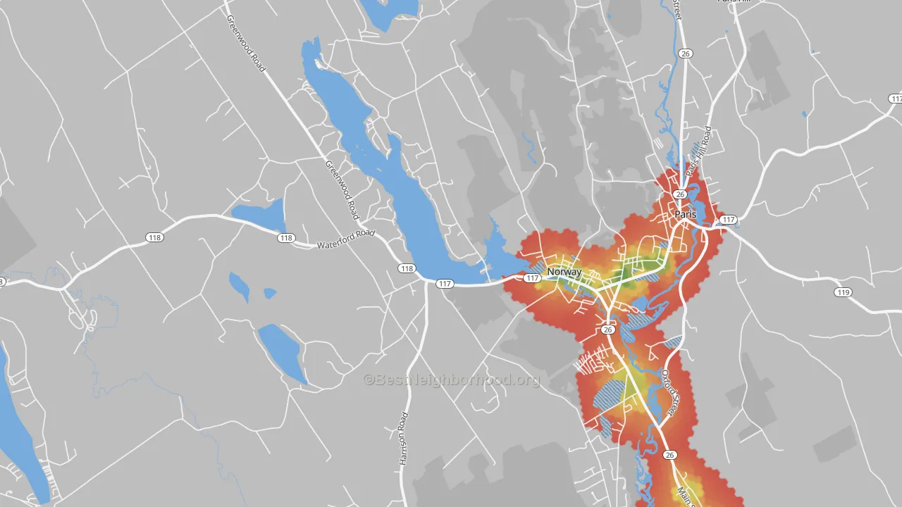 Walk Grade map of 04268, ME, walkable areas in green and car-dependent areas in red