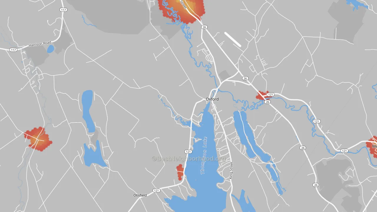 Walk Grade map of 04270, ME, walkable areas in green and car-dependent areas in red