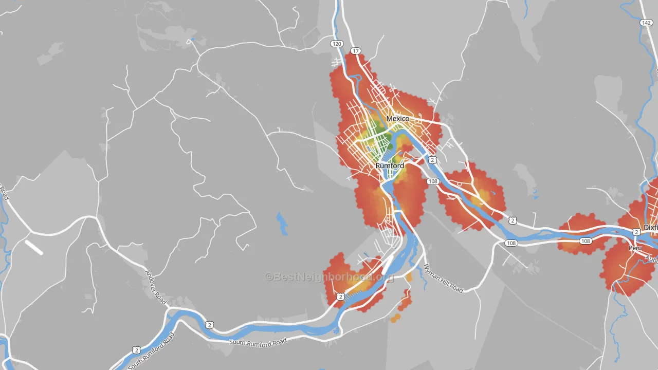 Walk Grade map of 04276, ME, walkable areas in green and car-dependent areas in red