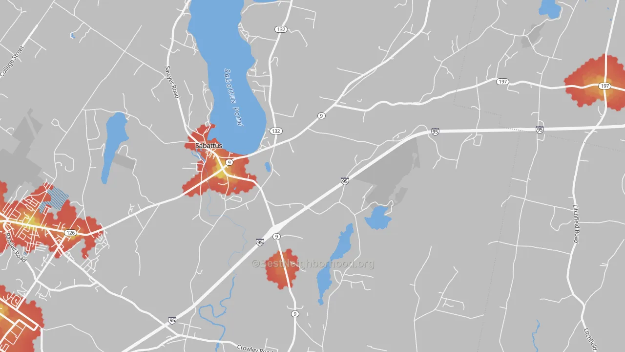 Walk Grade map of 04280, ME, walkable areas in green and car-dependent areas in red