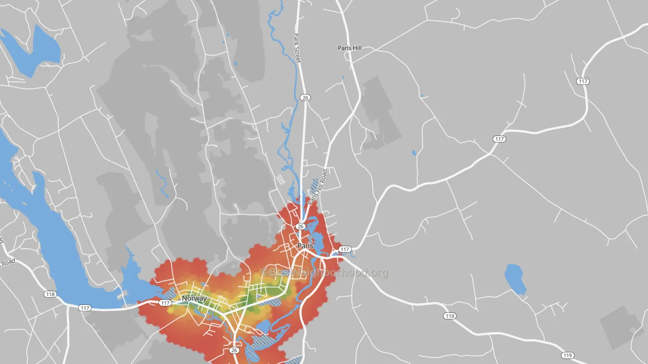 Walk Grade map of 04281, ME, walkable areas in green and car-dependent areas in red