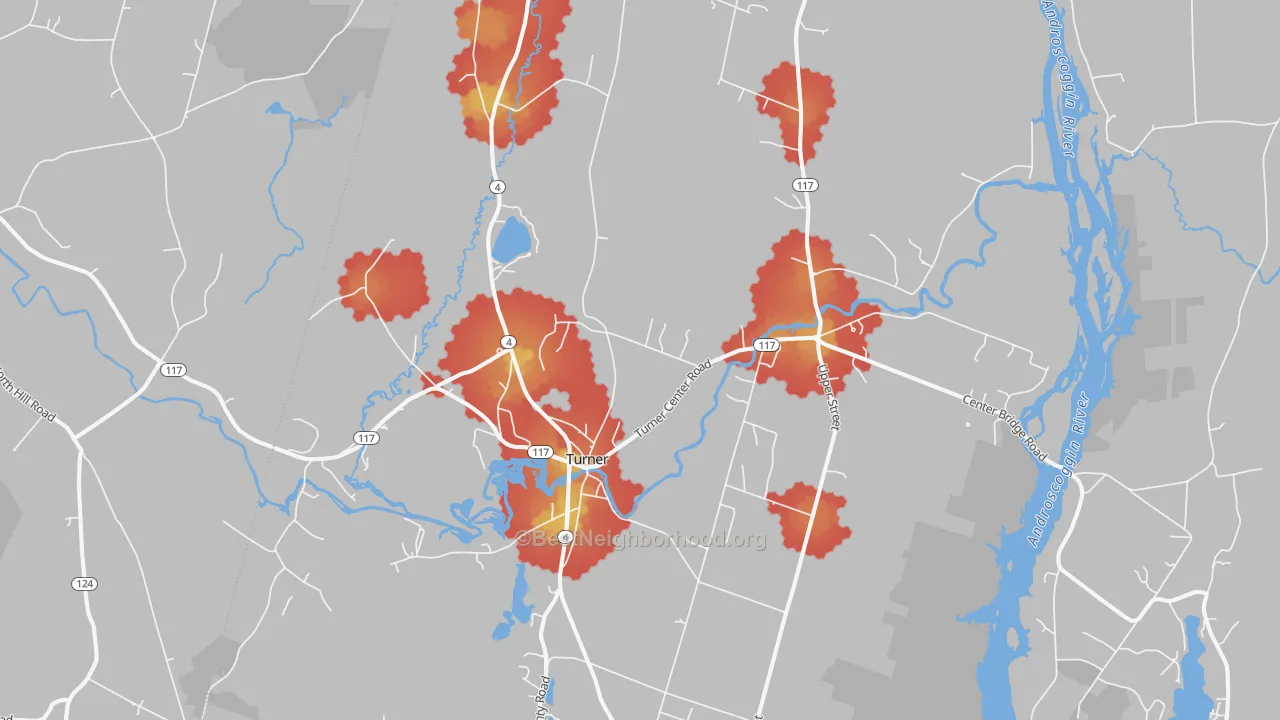 Walk Grade map of 04282, ME, walkable areas in green and car-dependent areas in red