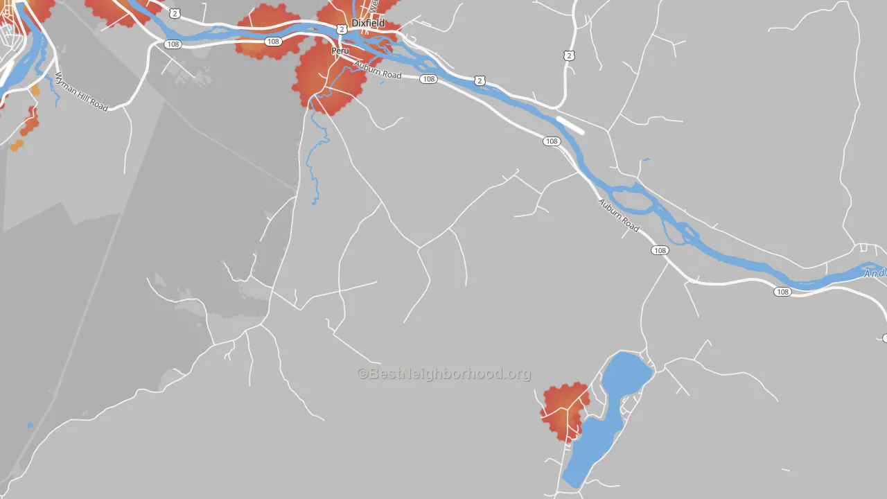 Walk Grade map of 04290, ME, walkable areas in green and car-dependent areas in red