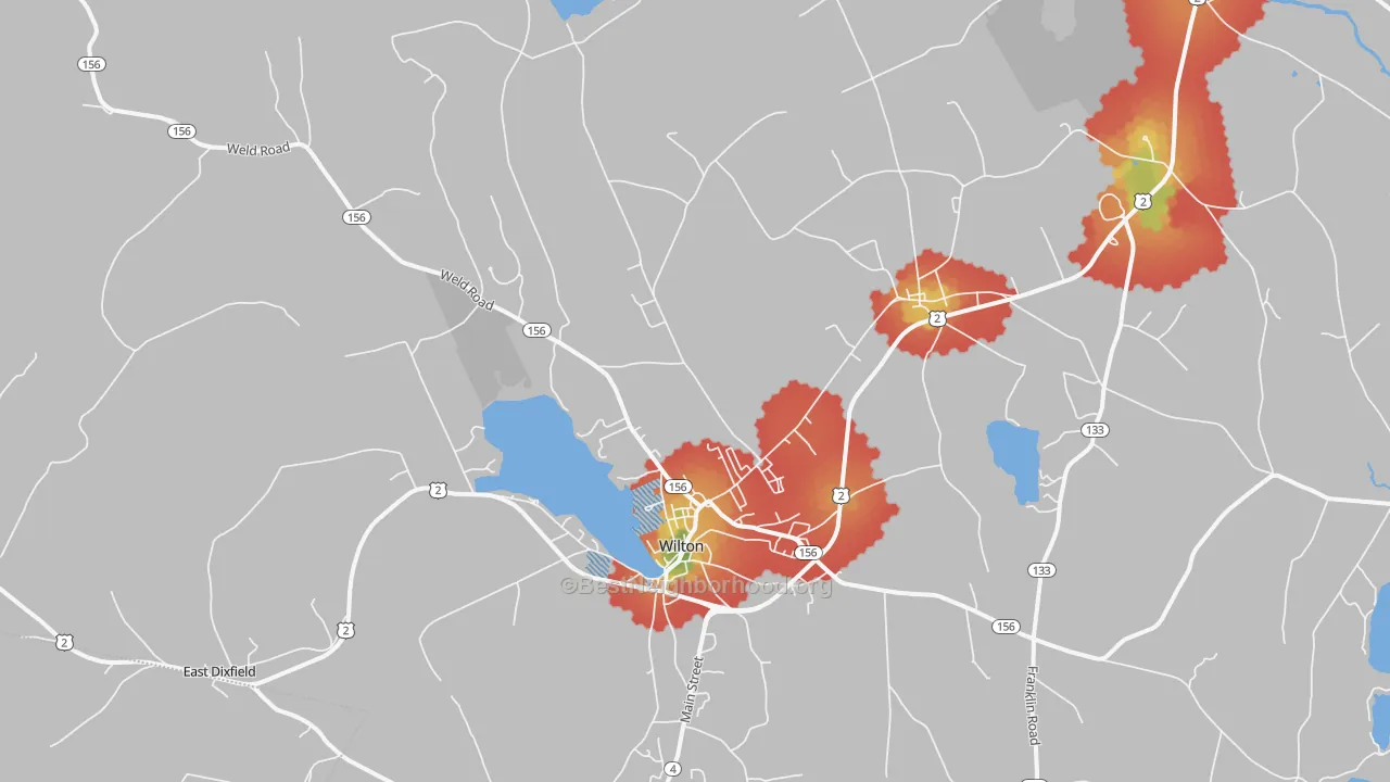 Walk Grade map of 04294, ME, walkable areas in green and car-dependent areas in red