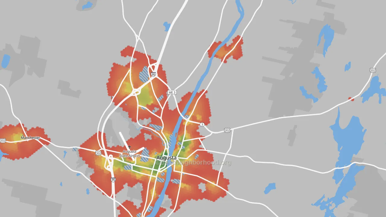 Walk Grade map of 04330, ME, walkable areas in green and car-dependent areas in red