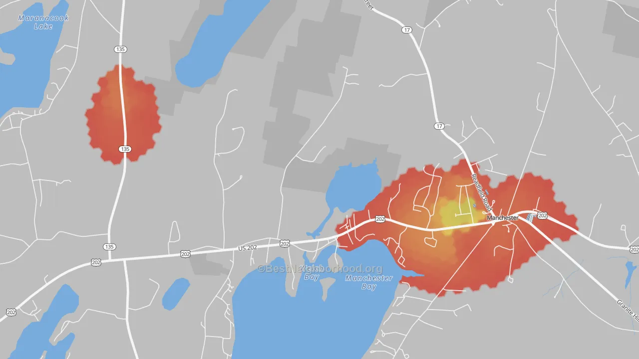 Walk Grade map of 04343, ME, walkable areas in green and car-dependent areas in red