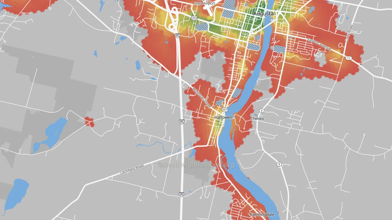 Walk Grade map of 04347, ME, walkable areas in green and car-dependent areas in red