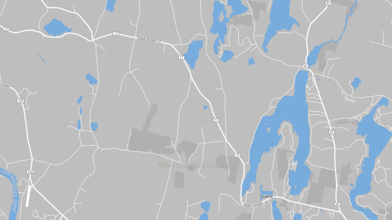 Walk Grade map of 04349, ME, walkable areas in green and car-dependent areas in red
