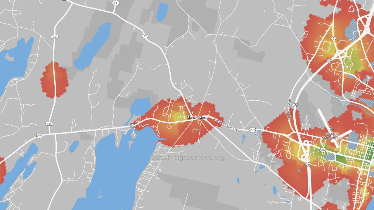 Walk Grade map of 04351, ME, walkable areas in green and car-dependent areas in red