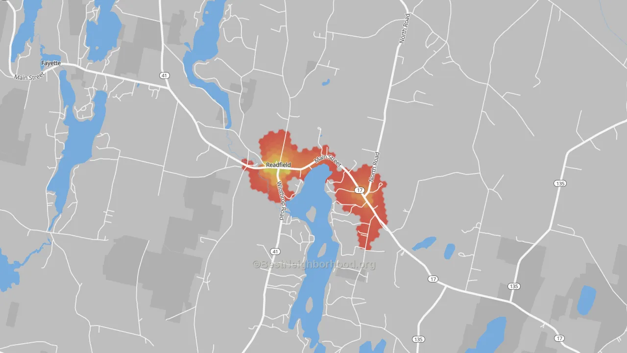 Walk Grade map of 04355, ME, walkable areas in green and car-dependent areas in red