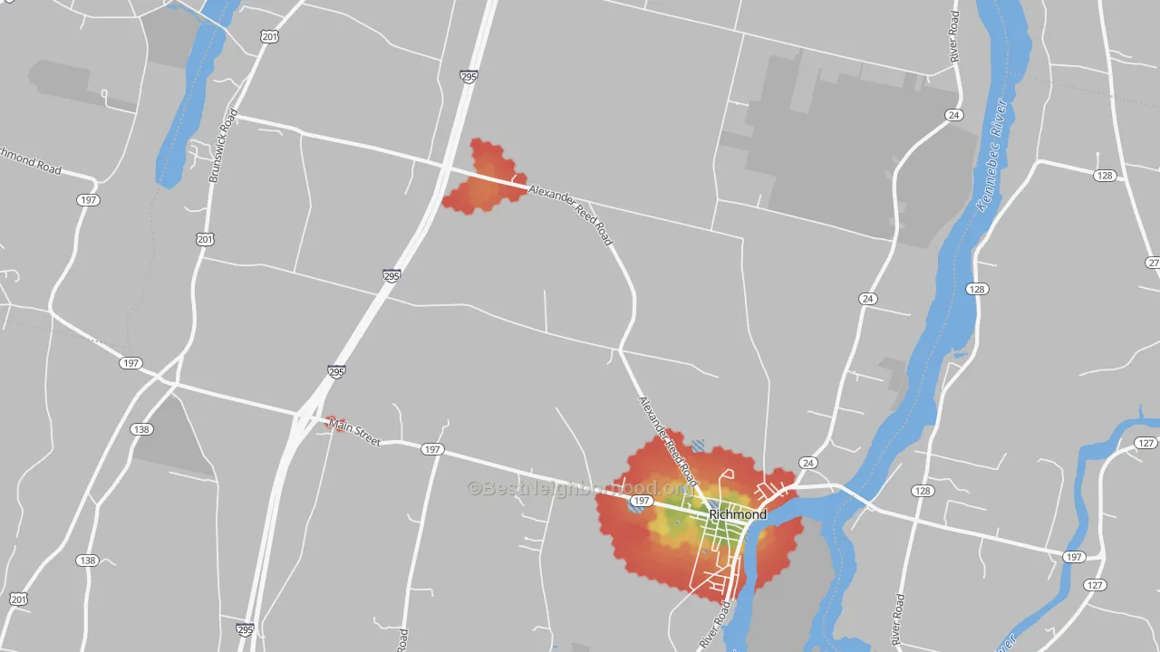 Walk Grade map of 04357, ME, walkable areas in green and car-dependent areas in red