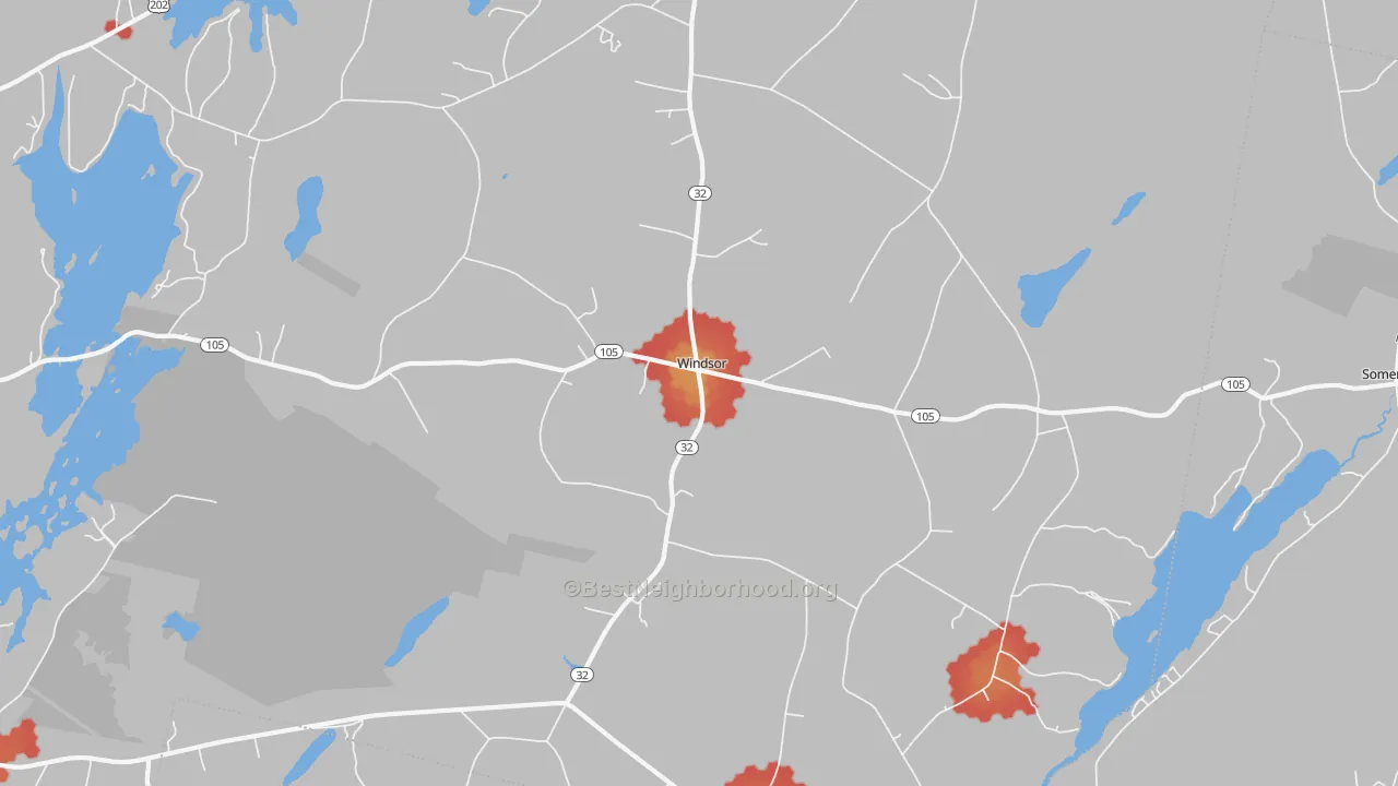Walk Grade map of 04363, ME, walkable areas in green and car-dependent areas in red