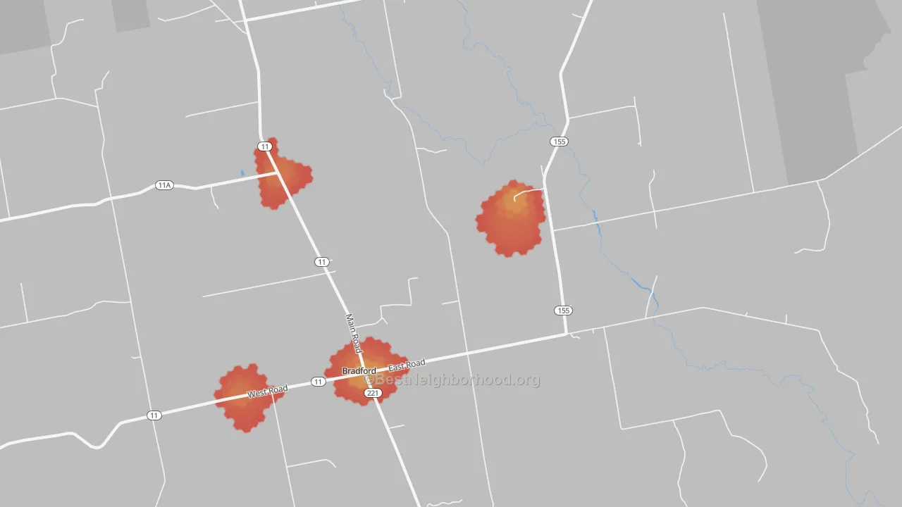 Walk Grade map of 04410, ME, walkable areas in green and car-dependent areas in red