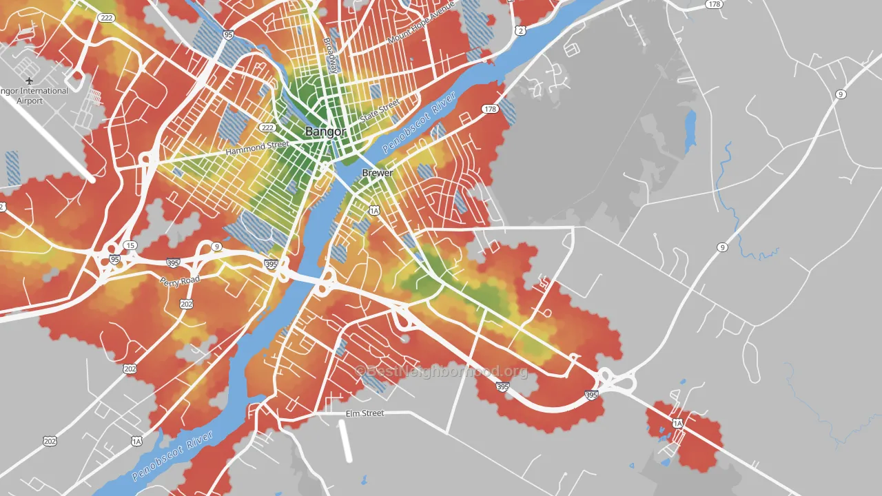Walk Grade map of 04412, ME, walkable areas in green and car-dependent areas in red