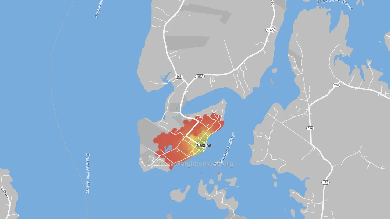 Walk Grade map of 04421, ME, walkable areas in green and car-dependent areas in red