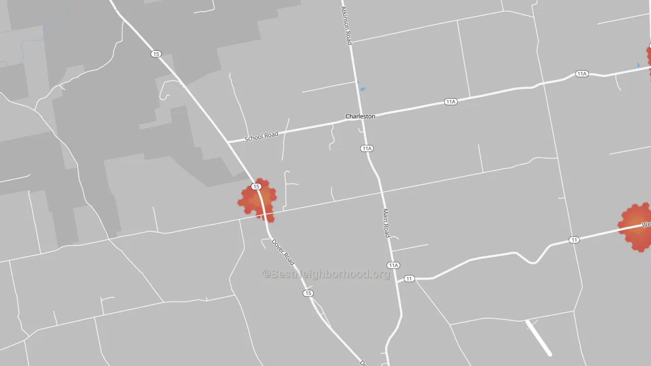 Walk Grade map of 04422, ME, walkable areas in green and car-dependent areas in red