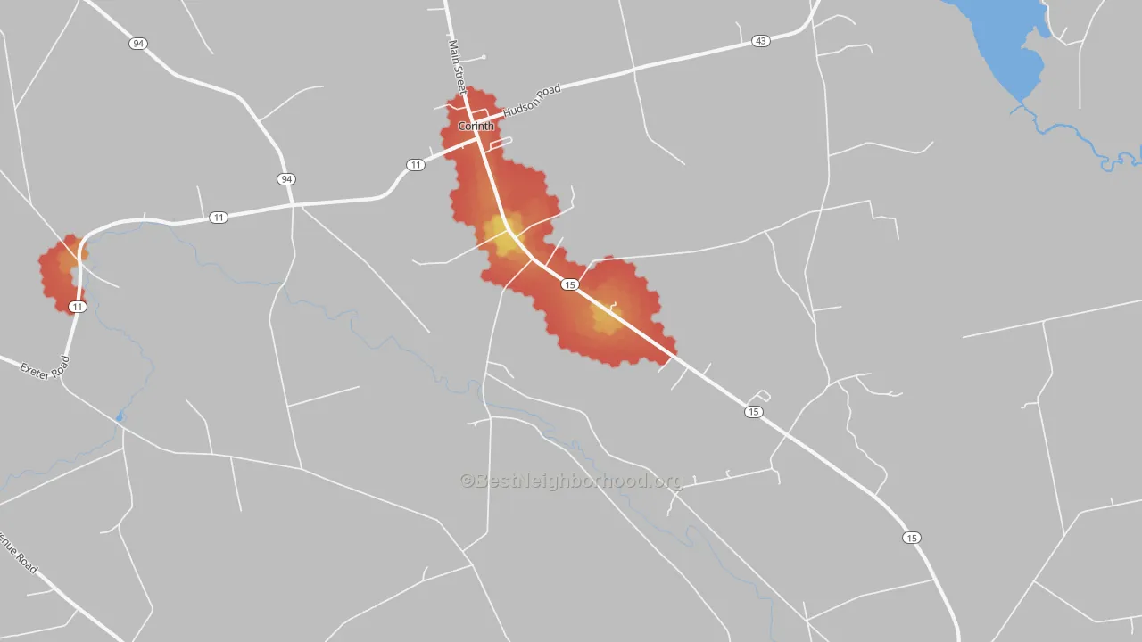 Walk Grade map of 04427, ME, walkable areas in green and car-dependent areas in red