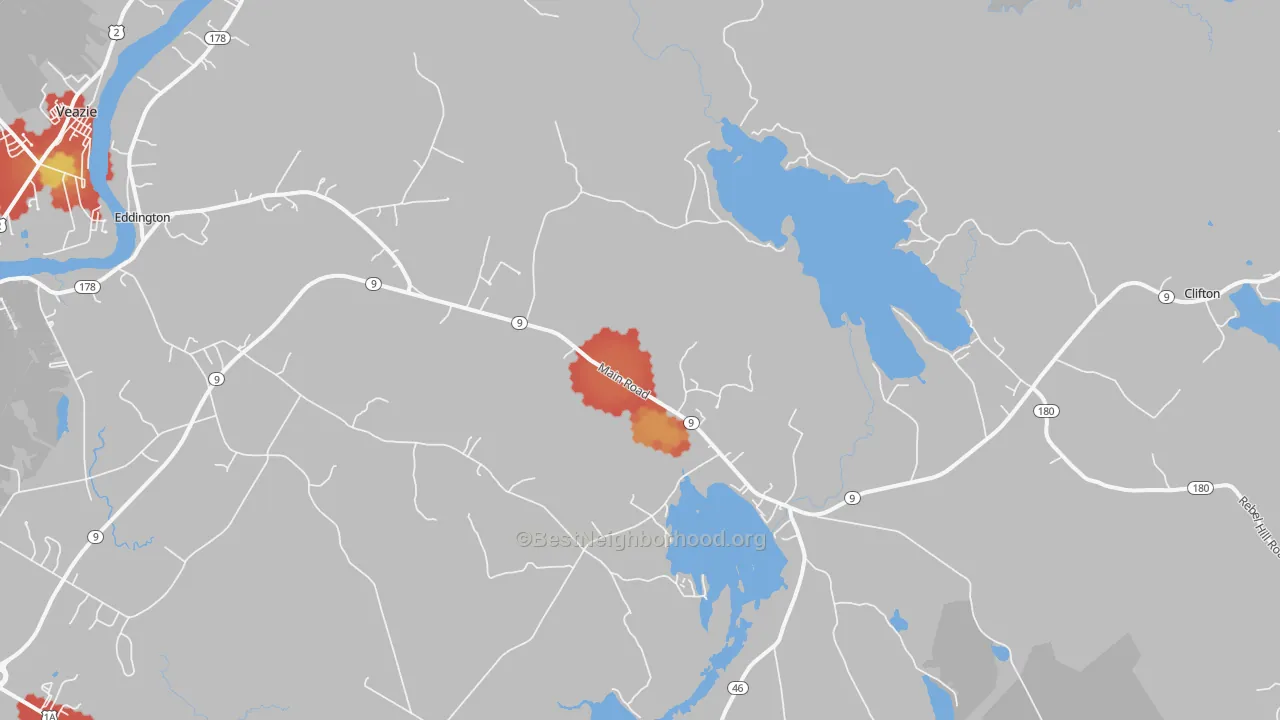Walk Grade map of 04428, ME, walkable areas in green and car-dependent areas in red