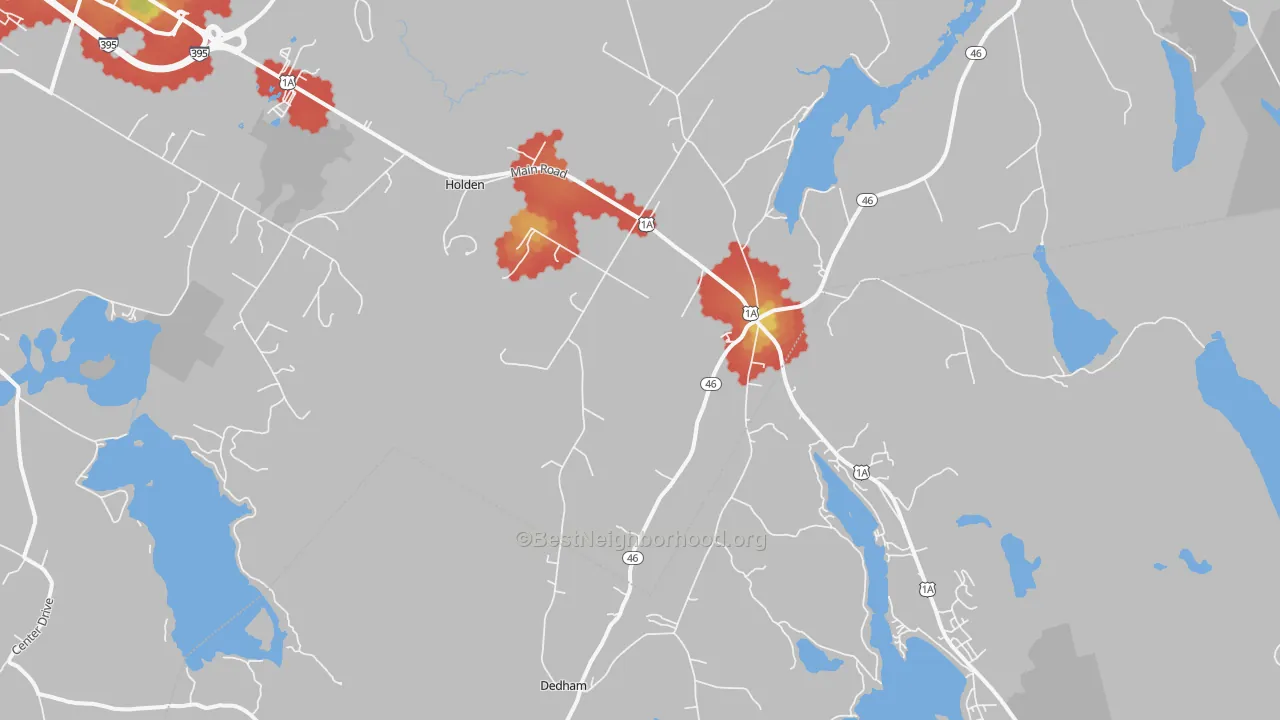 Walk Grade map of 04429, ME, walkable areas in green and car-dependent areas in red