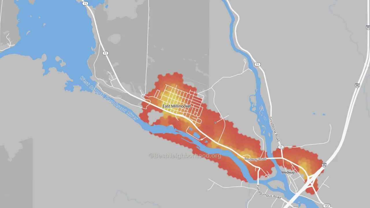 Walk Grade map of 04430, ME, walkable areas in green and car-dependent areas in red
