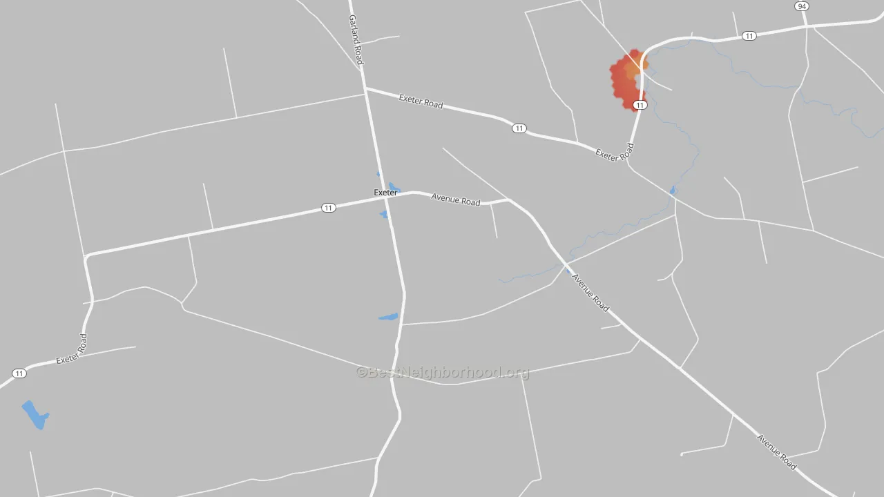 Walk Grade map of 04435, ME, walkable areas in green and car-dependent areas in red