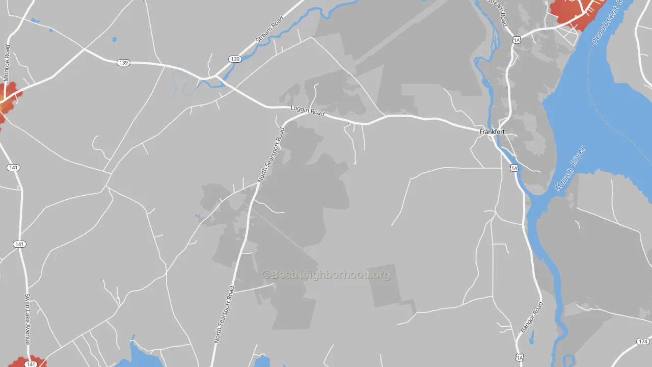 Walk Grade map of 04438, ME, walkable areas in green and car-dependent areas in red